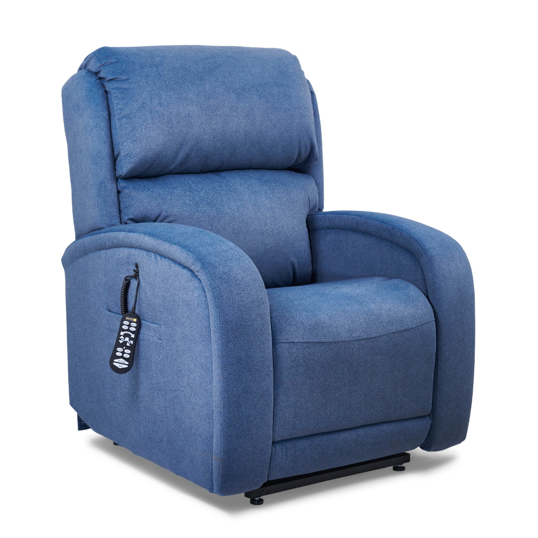 The Golden Tech PR761 EZ Sleeper Recliner features plush blue upholstery, power lift assist, and MaxiComfort Positioning. It includes a remote for adjusting positions, Twilight Tilt Technology, curved armrests, and a supportive backrest.